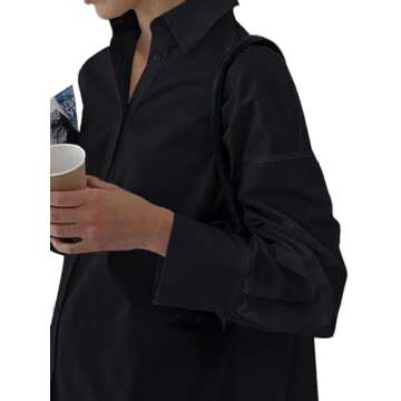 LYANER Women's Casual Shirt Dress Collar V Neck Button Down Loose Long Sleeve Mini Dresses Solid Black Medium