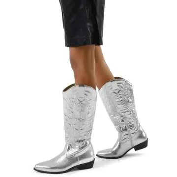 mysoft Women's Cowboy Boots Mid Calf Cowgirl Embroidered Western Pointed Toe Chunky Heel Pull On Knee High Boots