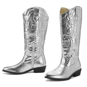 mysoft Women's Cowboy Boots Mid Calf Cowgirl Embroidered Western Pointed Toe Chunky Heel Pull On Knee High Boots