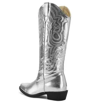 mysoft Women's Cowboy Boots Mid Calf Cowgirl Embroidered Western Pointed Toe Chunky Heel Pull On Knee High Boots