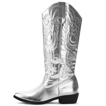 mysoft Women's Cowboy Boots Mid Calf Cowgirl Embroidered Western Pointed Toe Chunky Heel Pull On Knee High Boots