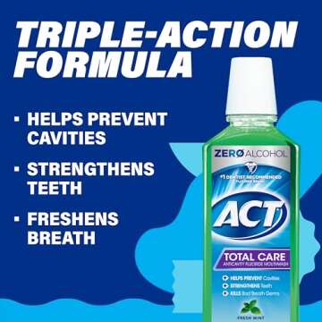 ACT Total Care Zero Alcohol Anticavity Fluoride Mouthwash 18 fl. oz. Kills Bad Breath Germs, Fresh Mint