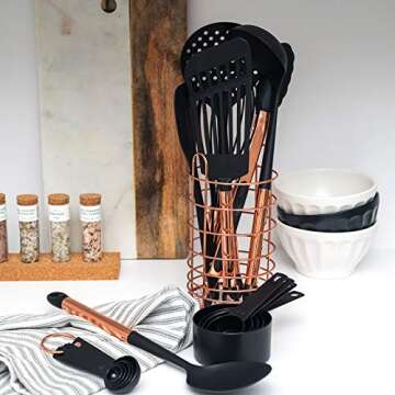 Black and Copper Kitchen Utensils w/Copper Utensil Holder -18PC Black and Copper Cooking Utensils Set Includes Black Measuring Cups & Spoons -Copper Kitchen Accessories, Rose Gold Kitchen Accessories