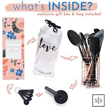 Black and Copper Kitchen Utensils w/Copper Utensil Holder -18PC Black and Copper Cooking Utensils Set Includes Black Measuring Cups & Spoons -Copper Kitchen Accessories, Rose Gold Kitchen Accessories