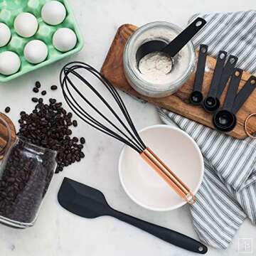 Black and Copper Kitchen Utensils w/Copper Utensil Holder -18PC Black and Copper Cooking Utensils Set Includes Black Measuring Cups & Spoons -Copper Kitchen Accessories, Rose Gold Kitchen Accessories