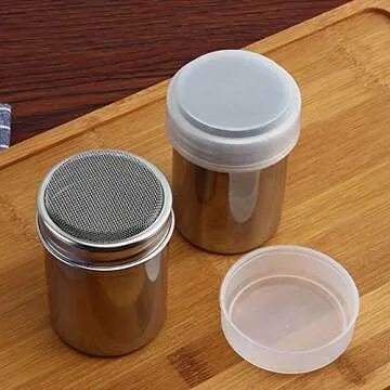 2 PCS Chocolate Shaker Coffee Powder Cocoa Flour Icing Sugar Sifter Stainless Steel Mesh Shaker Powder Cans with Lid for For Baking Cooking Home Restaurant