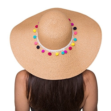 Womens Straw Sun Hat with Pom Pom Trim | Adjustable Foldable Packable Wide Brim | UV Sun Protection ...