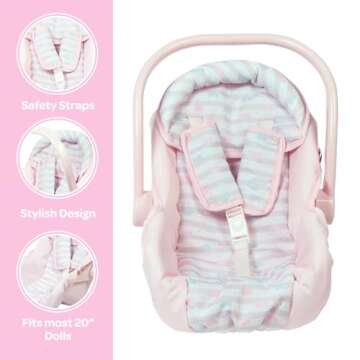 Adora Baby Doll Car Seat Carrier with Removable Seat Cover - Machine Washable, Fits Most Dolls & Plush Animals Up To 20”, Birthday Gift for Ages 2+ - Pastel Pink Hearts
