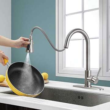 SOKA Kitchen Faucet Pull Down Stainless Steel Single Handle Aquablade Sweep, Stream & Spray Three Working Modes Fit for 1 & 3 Hole, Brushed Nickel (SK5002NY)