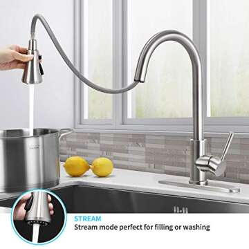 SOKA Kitchen Faucet Pull Down Stainless Steel Single Handle Aquablade Sweep, Stream & Spray Three Working Modes Fit for 1 & 3 Hole, Brushed Nickel (SK5002NY)