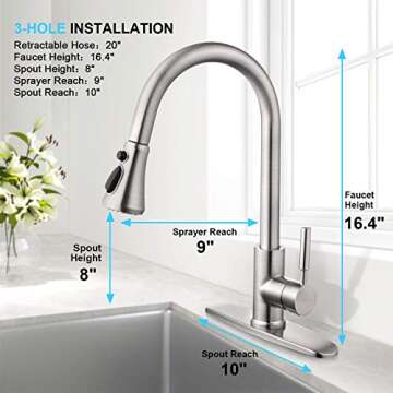 SOKA Kitchen Faucet Pull Down Stainless Steel Single Handle Aquablade Sweep, Stream & Spray Three Working Modes Fit for 1 & 3 Hole, Brushed Nickel (SK5002NY)