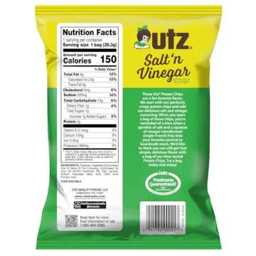 Utz Salt & Vinegar 1 oz. Bags, 42 Count Crispy Fresh Potato Chips, Crunchy Individual Snacks to Go, Cholesterol, Trans-Fat & Gluten Free