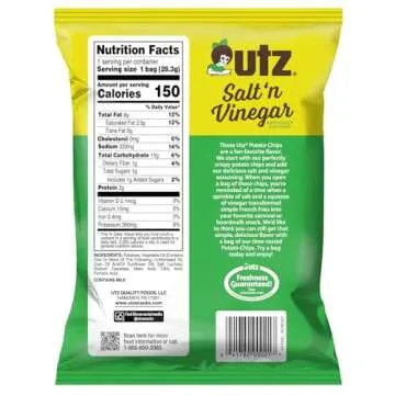 Utz Salt & Vinegar 1 oz. Bags, 42 Count Crispy Fresh Potato Chips, Crunchy Individual Snacks to Go, Cholesterol, Trans-Fat & Gluten Free
