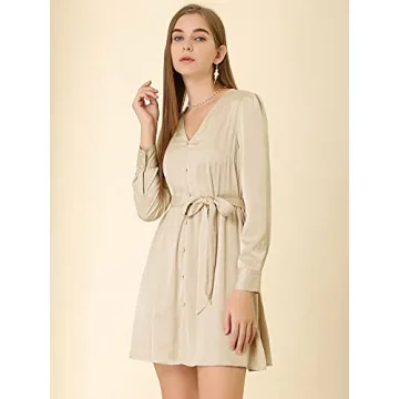 Allegra K Satin A-Line Shirt Dress for Office Wear