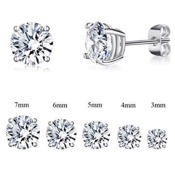 18K White Gold Plated Stud Earrings 4 Prong Round Cut Brilliant 3-7mm Cubic Zirconia Earring Studs (5 Pairs)