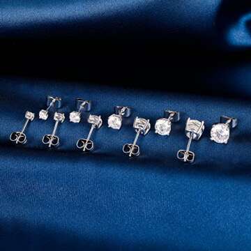 18K White Gold Plated Stud Earrings 4 Prong Round Cut Brilliant 3-7mm Cubic Zirconia Earring Studs (5 Pairs)