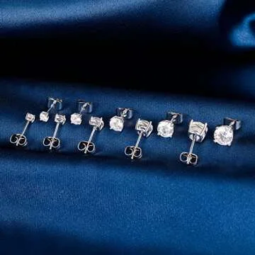 18K White Gold Plated Stud Earrings 4 Prong Round Cut Brilliant 3-7mm Cubic Zirconia Earring Studs (5 Pairs)