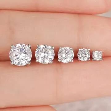 18K White Gold Plated Stud Earrings 4 Prong Round Cut Brilliant 3-7mm Cubic Zirconia Earring Studs (5 Pairs)