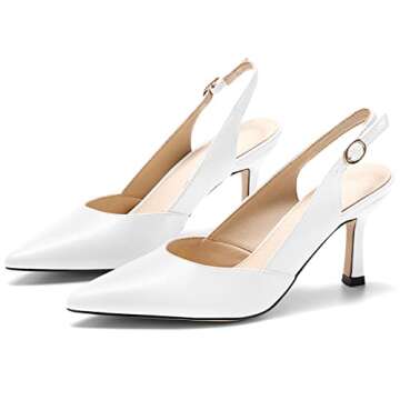 Women's Kitten Heels Pumps Pointed Closed Toe Wedding Party Dress Slingback Pump Shoes White