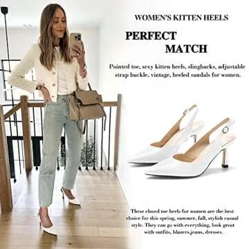 Women's Kitten Heels Pumps Pointed Closed Toe Wedding Party Dress Slingback Pump Shoes White