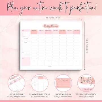 Weekly Hourly Planner Notepad, Daily Planner Desk Pad, Weekly Schedule, To Do List Note Pad, ADHD Planner | 50 Undated Tear Away Sheets | A4 (Pink)