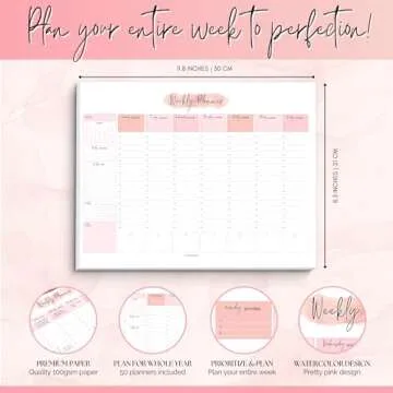Weekly Hourly Planner Notepad, Daily Planner Desk Pad, Weekly Schedule, To Do List Note Pad, ADHD Planner | 50 Undated Tear Away Sheets | A4 (Pink)