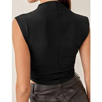 Meladyan Women Mock Neck Ruched Crop Tank Top - Black