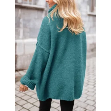 PRETTYGARDEN Women's Knit Oversized Sweater Fall Fashion 2024 Casual Long Sleeve Turtleneck Loose Chunky Pullover Tops (Blue Green,Medium)