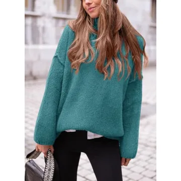 PRETTYGARDEN Women's Knit Oversized Sweater Fall Fashion 2024 Casual Long Sleeve Turtleneck Loose Chunky Pullover Tops (Blue Green,Medium)