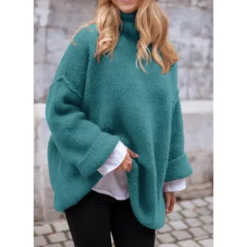 PRETTYGARDEN Women's Knit Oversized Sweater Fall Fashion 2024 Casual Long Sleeve Turtleneck Loose Chunky Pullover Tops (Blue Green,Medium)