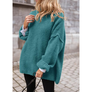 PRETTYGARDEN Women's Knit Oversized Sweater Fall Fashion 2024 Casual Long Sleeve Turtleneck Loose Chunky Pullover Tops (Blue Green,Medium)