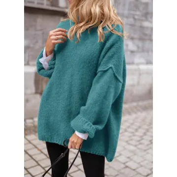 PRETTYGARDEN Women's Knit Oversized Sweater Fall Fashion 2024 Casual Long Sleeve Turtleneck Loose Chunky Pullover Tops (Blue Green,Medium)