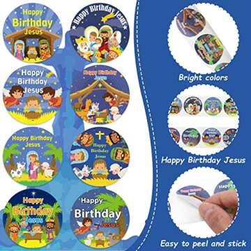 500 Pcs Happy Birthday Jesus Stickers for Kids Religious Birthday Jesus Stickers Roll for Christmas Nativity Scene Roll Church and Sunday School Classroom Party Decoration Supplies