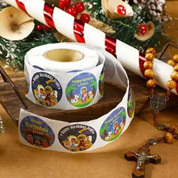 500 Pcs Happy Birthday Jesus Stickers for Kids Religious Birthday Jesus Stickers Roll for Christmas Nativity Scene Roll Church and Sunday School Classroom Party Decoration Supplies