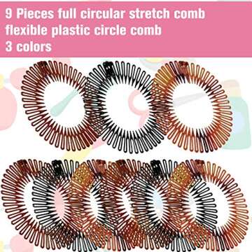 Shappy 9 Pieces Full Circular Stretch Comb Flexible Plastic Circle Comb Stretch Hair Headband Hairband Holder for Women Girls, 3 Colors(Black, Coffee, Tortoise Shell)