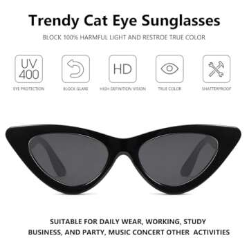 LIKSMU Cat Eye Sunglasses for Women Vintage Retro Narrow Cateye Frame Trendy Sun Glasses Black
