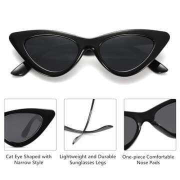 LIKSMU Cat Eye Sunglasses for Women Vintage Retro Narrow Cateye Frame Trendy Sun Glasses Black