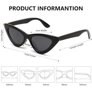 LIKSMU Cat Eye Sunglasses for Women Vintage Retro Narrow Cateye Frame Trendy Sun Glasses Black