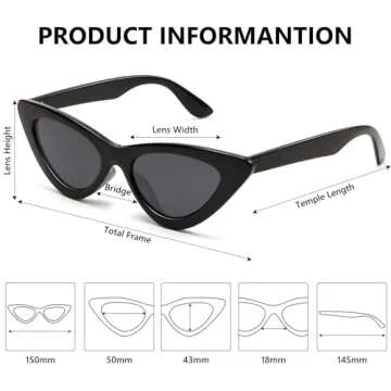 LIKSMU Cat Eye Sunglasses for Women Vintage Retro Narrow Cateye Frame Trendy Sun Glasses Black