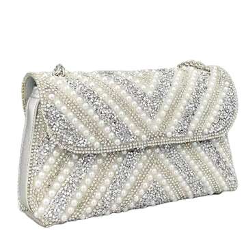 OEIPSMK Women's gold sequin evening clutch. Women's Gold Chain Evening Bag with Pearls (Red1), Sivery