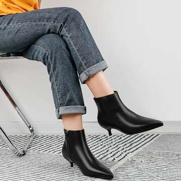 MERUMOTE Women's Leather Ankle Boots Low Heels Shoes Zipper Winter Booties 32-Black 9 US