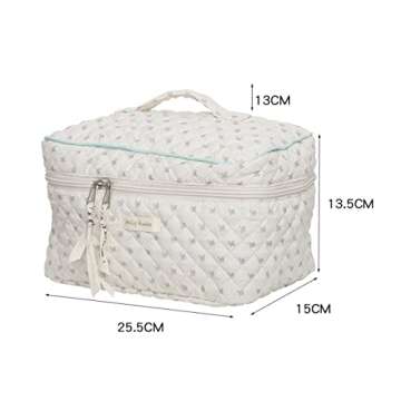 Dalulu Kawaii Floral Makeup Bag Coquette Aesthetic Cosmetic Bag Large Travel Make up Organizer Cute Pouch Cotton Quilted Toiletry Bag for Women Girls Kawaii Stuff (Beige - Flowers)