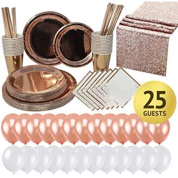 25 Guest Rose Gold Party Supplies Decorations Birthday Dinnerware Set Dinner Plates and Napkins Cups Straws Balloons Supply Table Runner Kit Weddings Bridal Bachelorette Anniversary Baby Shower Adults