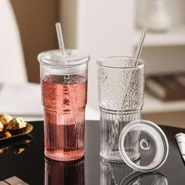 2-pack glass straw cup drinking water cup ice coffee cup with lid 720 ml beverage cup leakproof 24 o...
