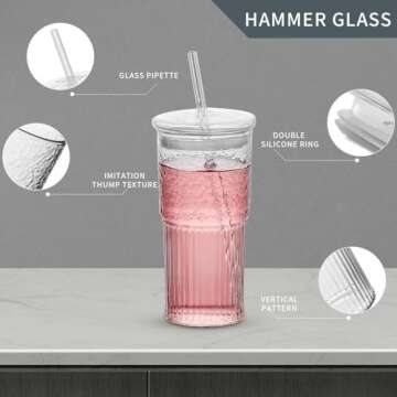 2-pack glass straw cup drinking water cup ice coffee cup with lid 720 ml beverage cup leakproof 24 oz, high and low temperature resistant juice glassware high borosilicate suitable for home bar party