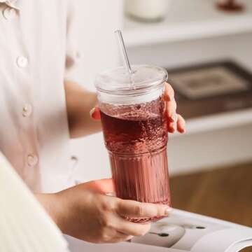 2-pack glass straw cup drinking water cup ice coffee cup with lid 720 ml beverage cup leakproof 24 oz, high and low temperature resistant juice glassware high borosilicate suitable for home bar party