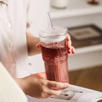 2-pack glass straw cup drinking water cup ice coffee cup with lid 720 ml beverage cup leakproof 24 oz, high and low temperature resistant juice glassware high borosilicate suitable for home bar party