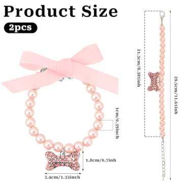 2Pcs Dog Cat Pearl Collar Necklace, Diamond Dog Pearls Necklace, Small Dog Collars for Female Dogs, Dog Accessories for Small Dogs, Collar Necklace with Rhinestone Bone, Puppy Dogs Accessories