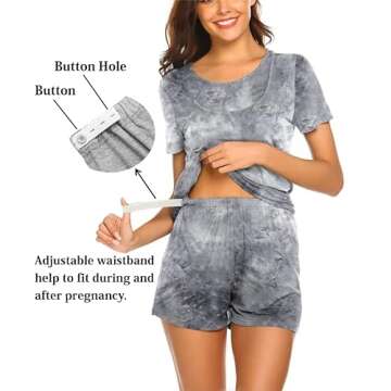 Ekouaer Maternity Pajamas Nursing Pjs for Breastfeeding Shirt and Adjustable Maternity Short Postpartum Sleepwear Tie Dye Gray M
