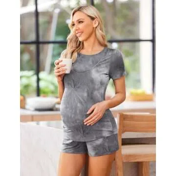 Ekouaer Maternity Pajamas Nursing Pjs for Breastfeeding Shirt and Adjustable Maternity Short Postpartum Sleepwear Tie Dye Gray M